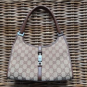 GUCCI GG Jackie Shoulder Bag Leather Canvas Brown Beige Turnlock Silver Hardware
